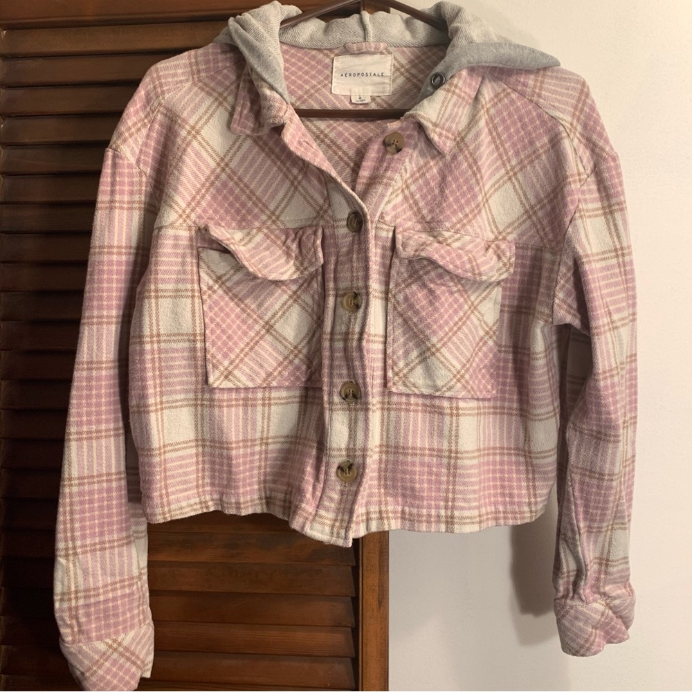 Aeropostale cropped flannel shacket with hood, Medium